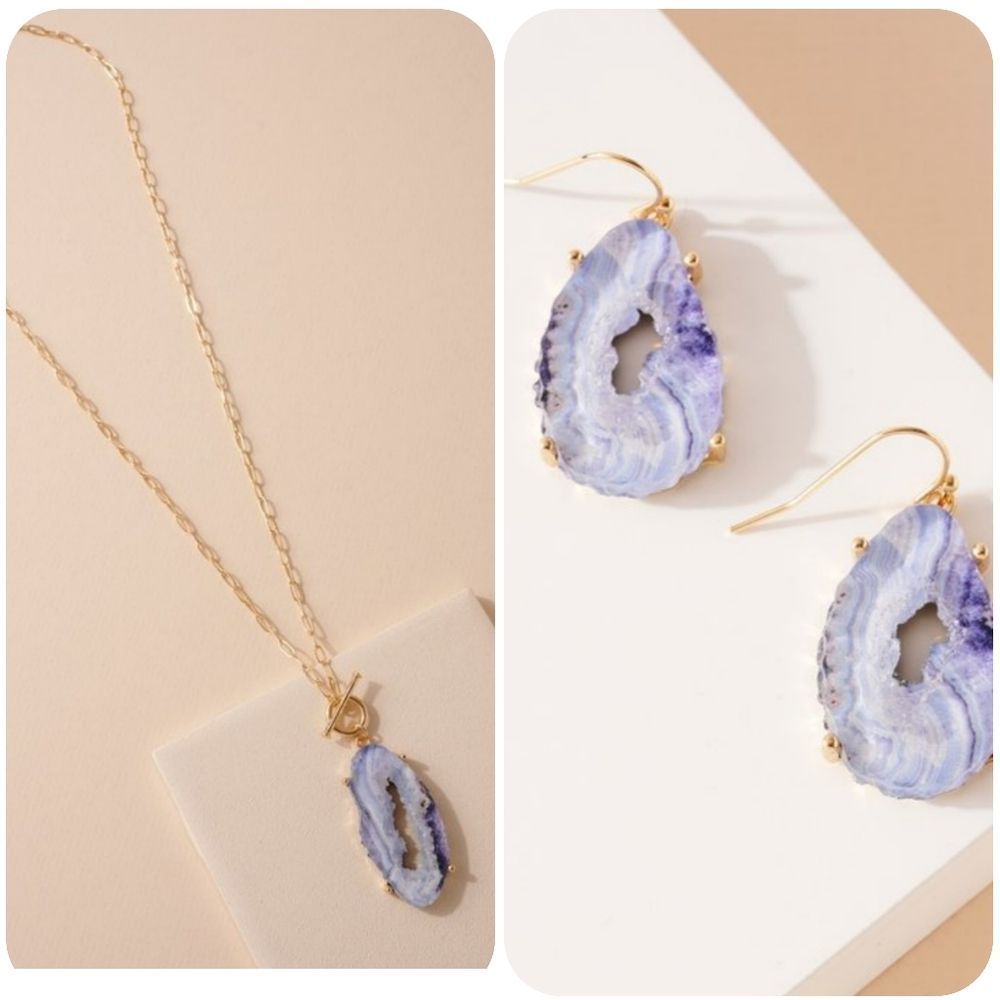 Gorgeous Resin Crystal Agate Geode Pendant and Earring Set